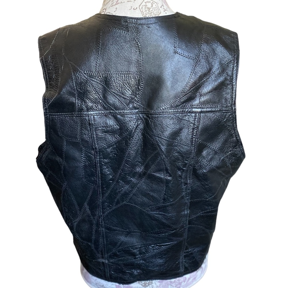 Vintage 80s Mens Patchwork Black Leather Motorcycle Vest Unisex - Picture 2 of 9
